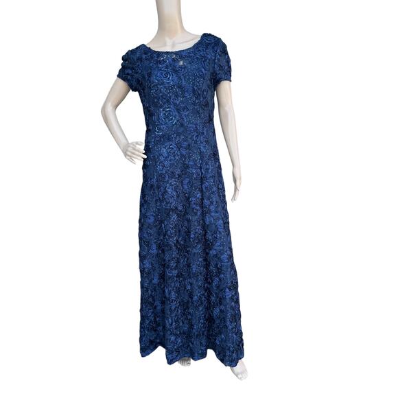 Alex Evenings Navy Blue Formal Gown 8 Textured Floral Short Sleeve Maxi Dress - Picture 1 of 7
